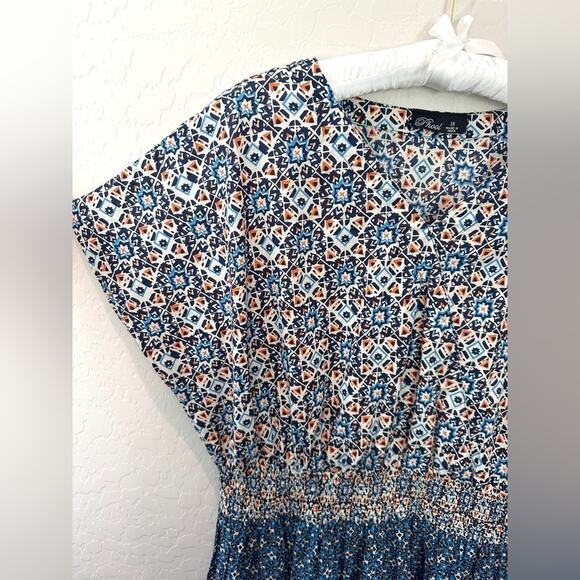 PHOOL | Plus Size Boho Blue Orange Geometric Print Midi Dress | Size 1X - Picture 2 of 5